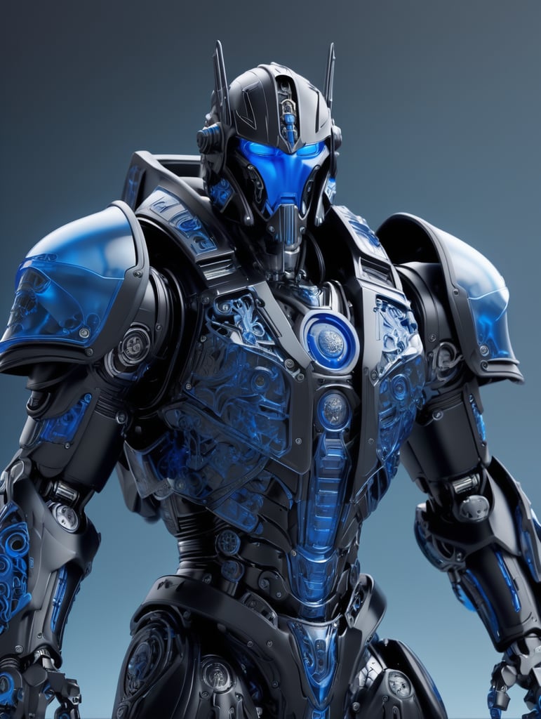 Matte black and blue mecha armored sith lord, black on blue, octane render, translucent, transparent, robotic detailing, realistically detailed, soft light, evoking,