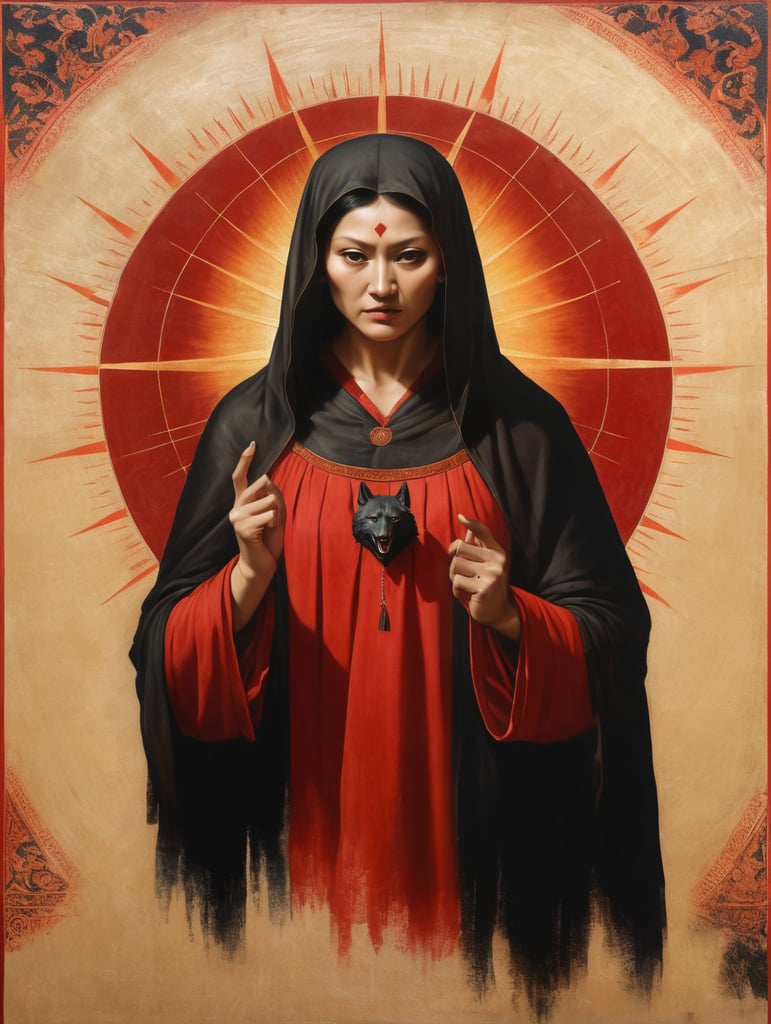 icon painted by Leonardo Davinci, portrait of a women with a black angry Wolf head, clothes in a black and red coverlet, hand crossing fingers, glow around the head in the form of a sun