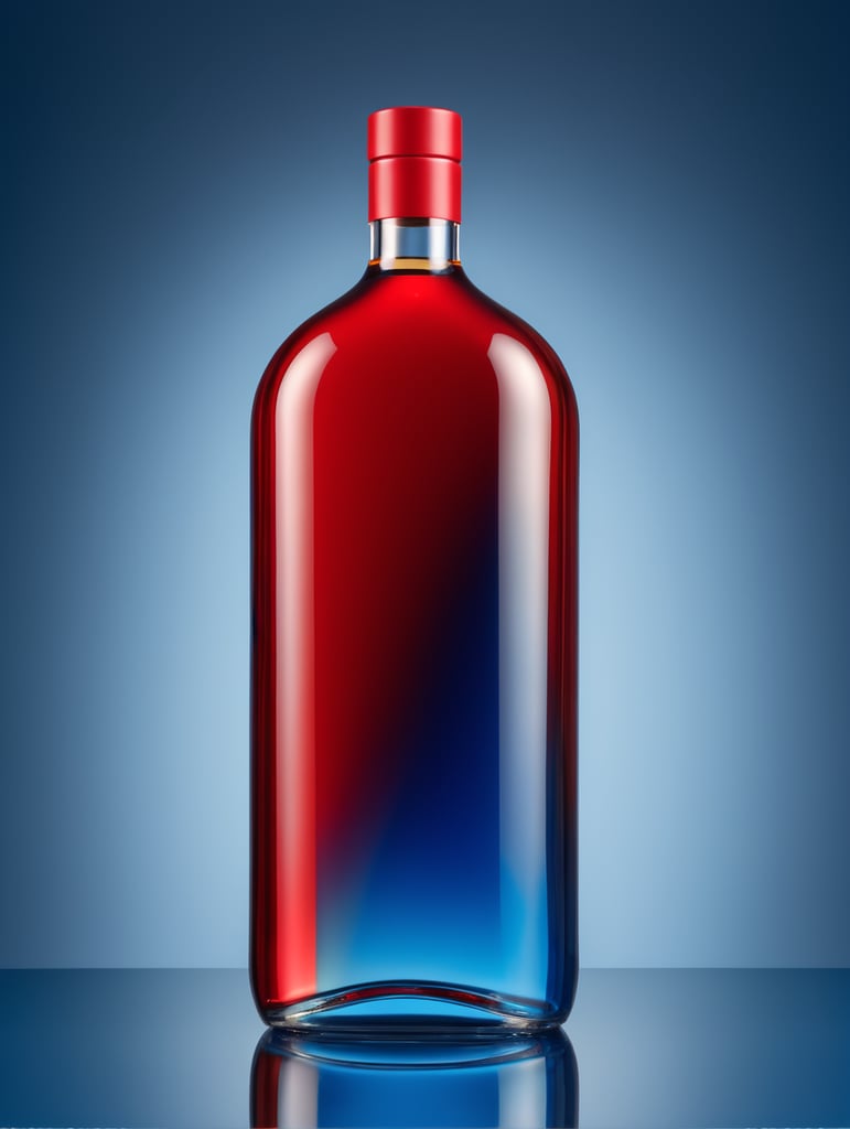 blank Liquor bottle, avant-garde, simplygo, photoshoot spread, all red, blue background, harpers bizarre, cover, headshot, hyper realistic, mockup