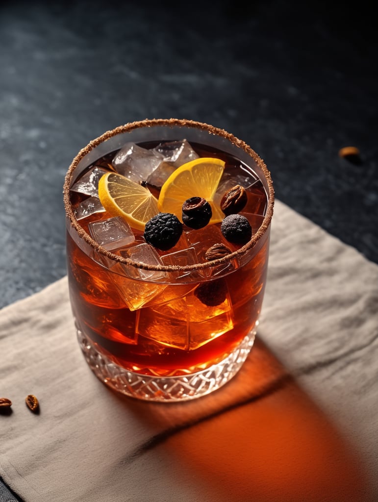 Gin cocktail with dried fruit slices, salted glass rim, mood lighting