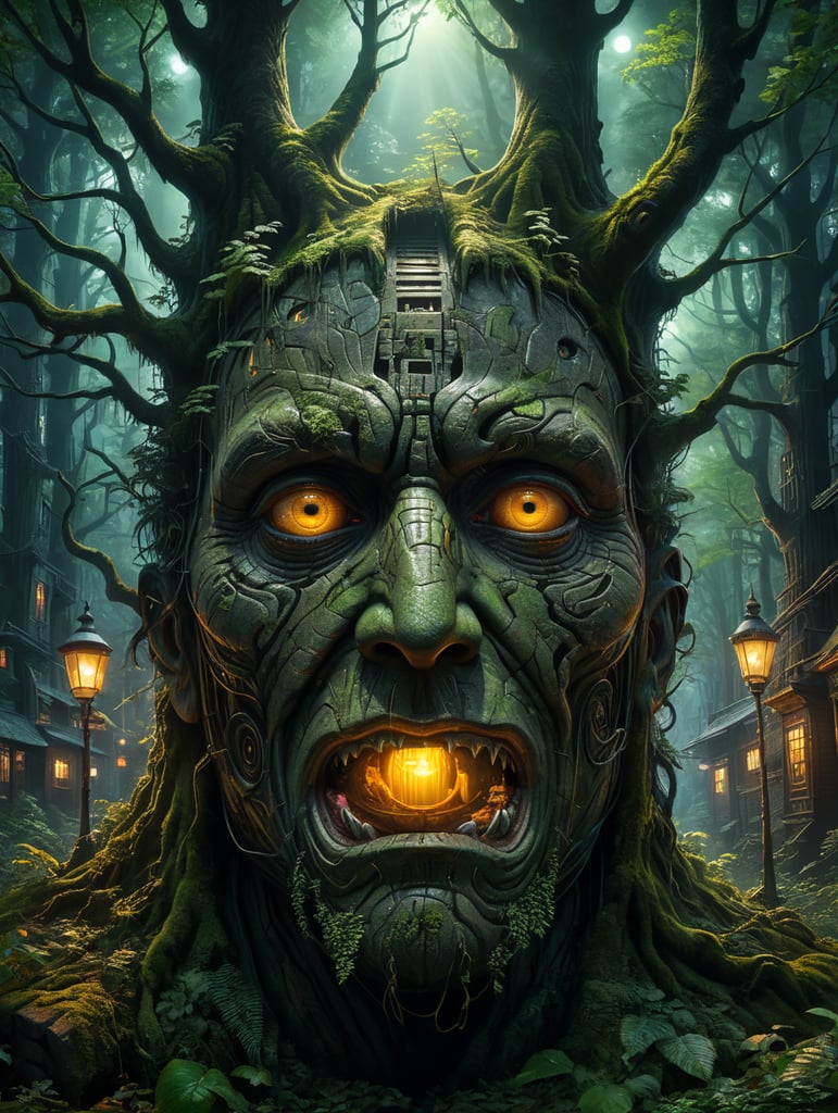 optical illusion of a hidden face hidden in a scene of dark forest city at night, buildings shine with neon lights amongst the beautiful boughs of the trees, a face hidden like a painting by Oleg Shuplyak.