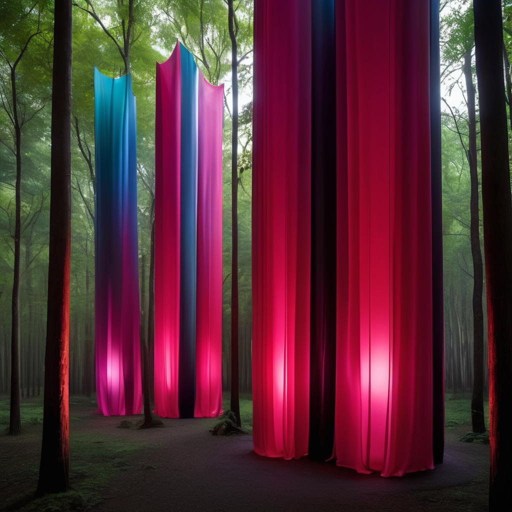 Esculturas de colores vibrantes muy altas hechas de látex y con luz inspiradas en la obra arquitectónica de Luis Barragán cubiertas con tela semitransparente en medio de un bosque muy obscuro