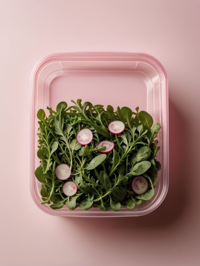 blank Transparent Plastic Container with Arugula Salad, isolated, pink background, Mockup, mock up