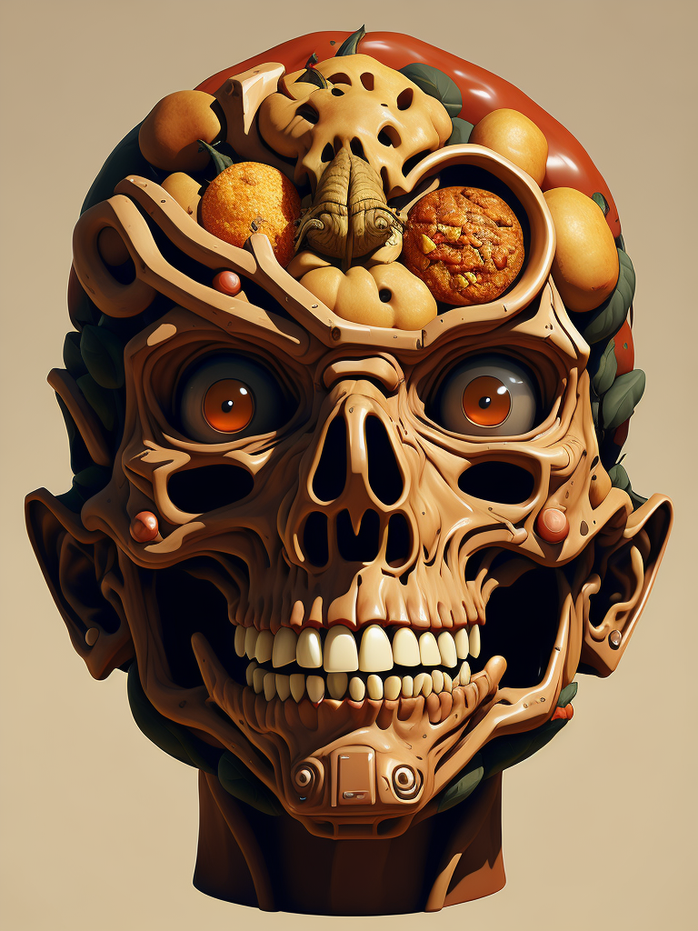 The anatomy of a zoombie head made of junk food, an ultrafine detailed painting by james jean, octopath traveler, behance contest winner, vanitas, angular, altermodern, surreal