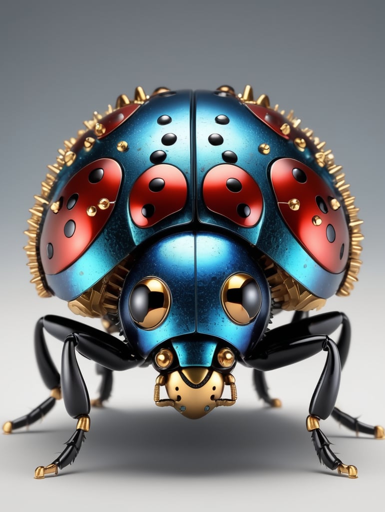 3D realistic mechanical Ladybug (Coccinellidae) insect, the ladybug should be the same shape as a real the real insect that is now mechanical, with bright metal colors with a blue iridescence exoskeleton, intricate details, nuts, bolts, gears and cogs and real-world mechanics on a bright and solid plain background with matching lights, eye level perspective, photorealistic, show the whole insect, minimalist composition, studio photography, very realistic
