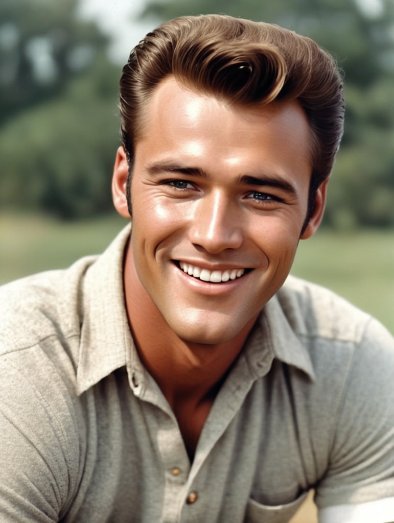 white, 17-year-old male.he has a heart shaped face, soft jaw, no facial hair and a slightly upturned nose. His lips are on the thinner side, but not super thin. His eyes are a beautiful brown shade.He has short medium honey blonde hair styled with grease, kind of resembling Elvis guy Madison. He has freckles on the face from spending time in the sun and deep dimples on both sides of his mouth. He looks happy, like sunshine. Laughing maybe He wears an old flannel over a white tshirt. set in Tulsa, OK, 1965.