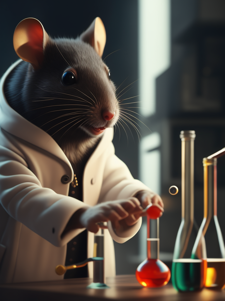 A 3d render of a cute fuzzy pet rat dressed in a white lab coat mixing test tubes of chemicals in a chemistry lab, bokeh, canon 50mm, cinematic lighting, volumetric light, octane, octane render, redshift render