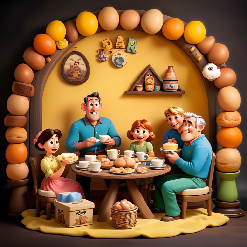 A german breakfast table, coffee, bread, rolls, eggs, milk, muesli. family of 5,with parents and three children. Japanese looking mother, european looking father, children 5,7 and 15 years old. European dress tshirt and trousers.