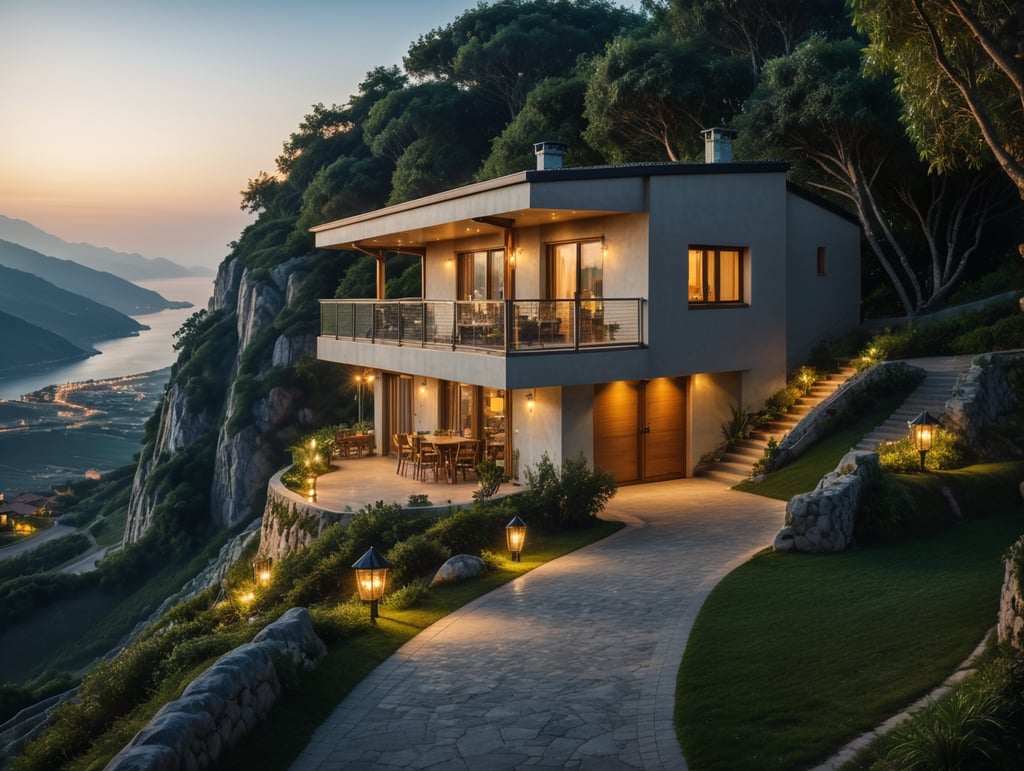 modern small cozy house on the top of a hight mountain with green trees and grass, a road leads to it, views of the village and the sea, photorealistic photo, walk paths, whide relax zone evening lights, lamps garland , wide parking zone