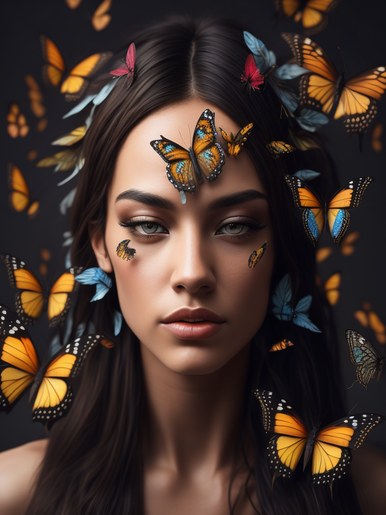 Portrait of a woman with many butterflies in her hair, Tears are flowing from the woman's eyes, butterflies are trying to please the woman