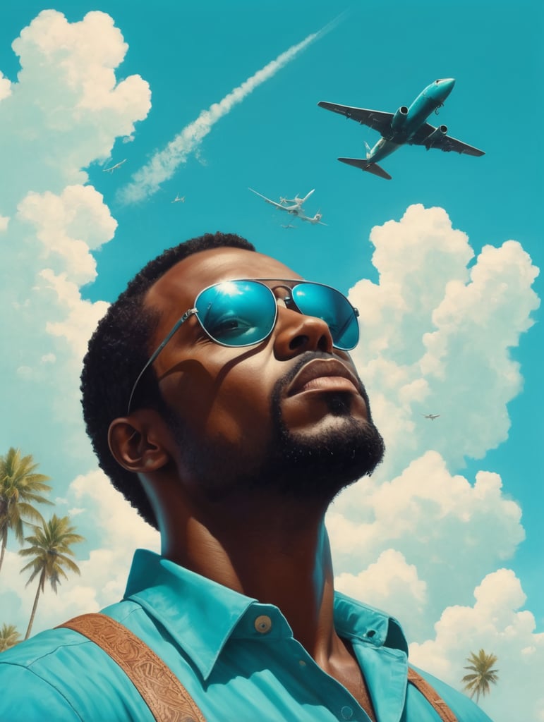 a black man raised his head up, looks at the sky, sunglasses, one airplane flies in a clear sky and leaves a mark, summer, turquoise shades, style of Richard Corben