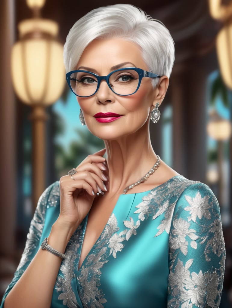 A portrait of a beautiful stylish older woman with white platinum short hair and big glasses, glamorous Hollywood portraits, highly realistic, daz3d, women designers, high resolution, very fashionable, colorful, dress as young woman