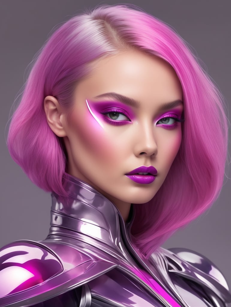 woman wearing alien fashion wear, neon pink, purple and magenta, touch of silver