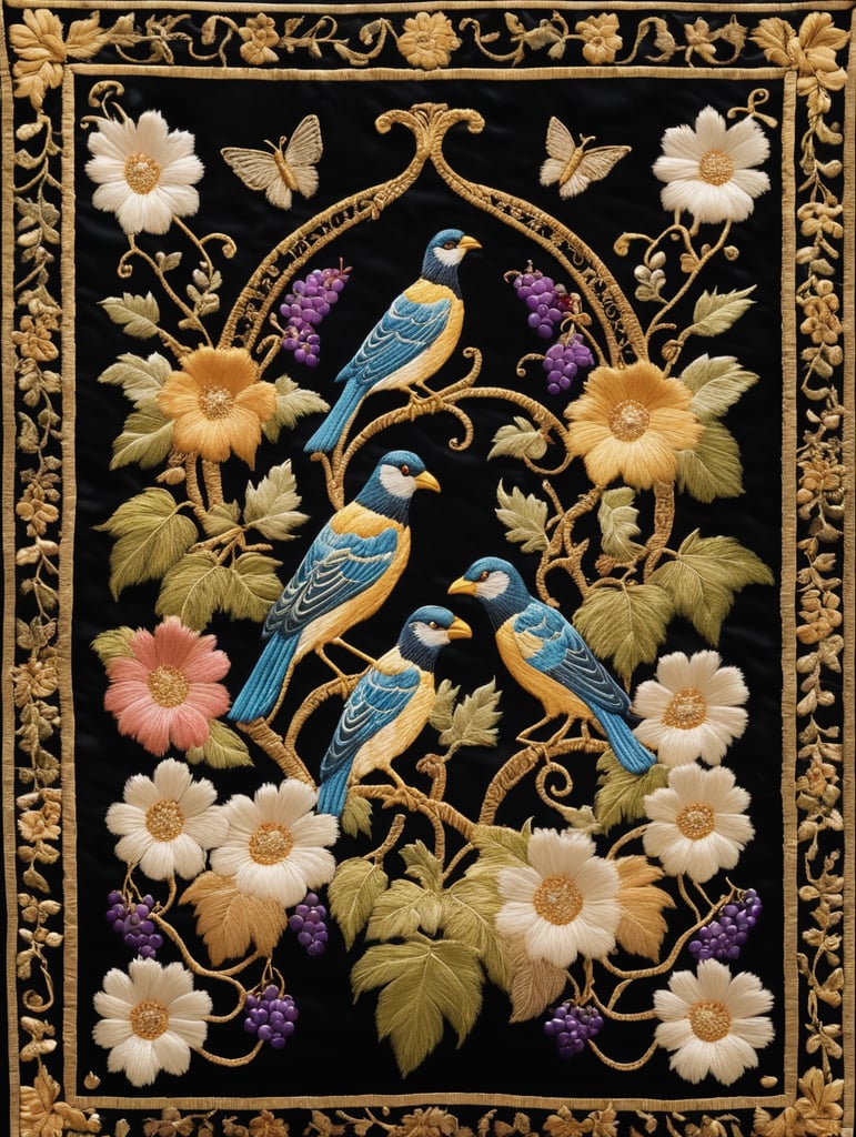 image of an embroidery in metallic gold thread, representing grapes and birds, Sevillian Baroque style, typical of Holy Week in Seville, on a luxurious black cloth, with discreet shadows and volumes, surrounded by a frame of natural wild flowers, embroidered in silk thread, bright and cheerful colours, very detailed, sharp focus, spectacular lighting, depth of field, photographic quality, high resolution, graphic design style, cultured, elegant, fashionable,