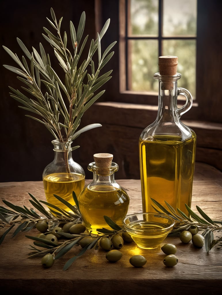 Olive oil Between postures, a bottle and some olive branches should be placed on a wooden table. We want the photography to be faithful to the old Andalusian style.