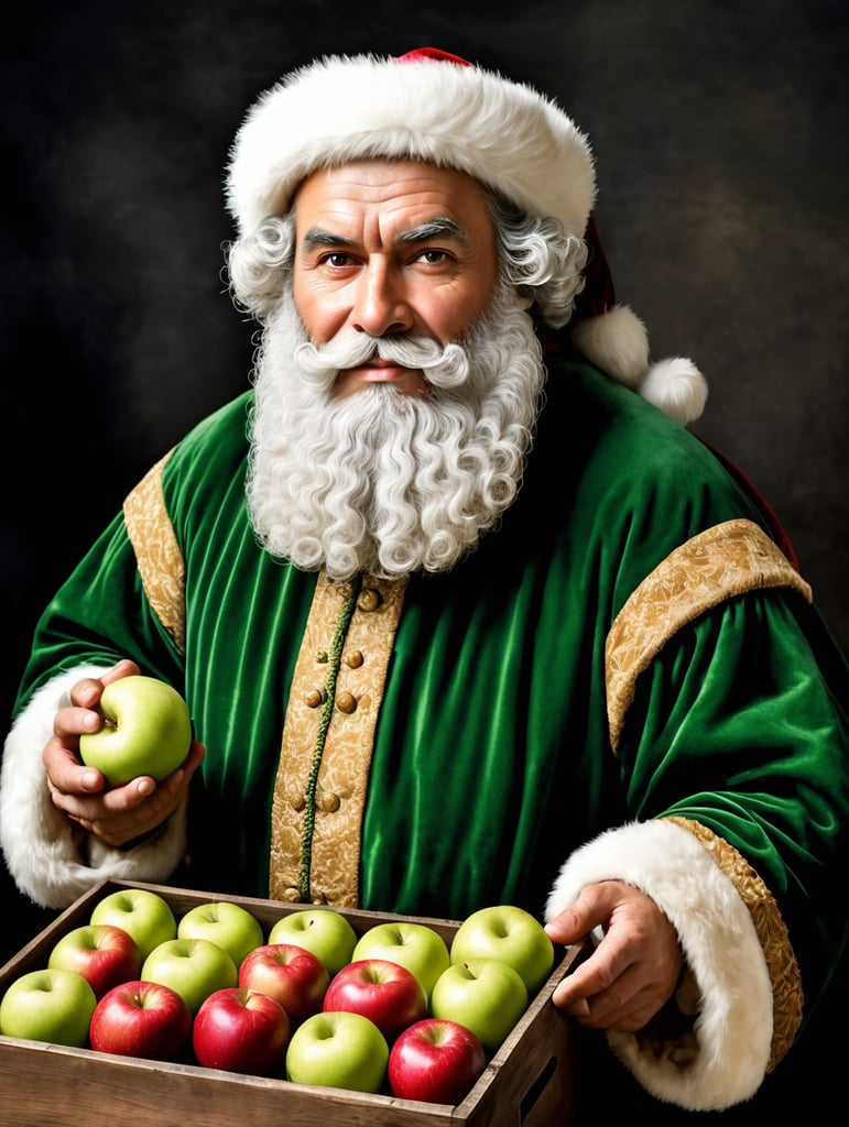 Portrait of an Italian Santa Claus in 17th century clothing holding a box of ripe apples. The apples have the right texture and green color. The box is made of dark wood with a beautiful texture.