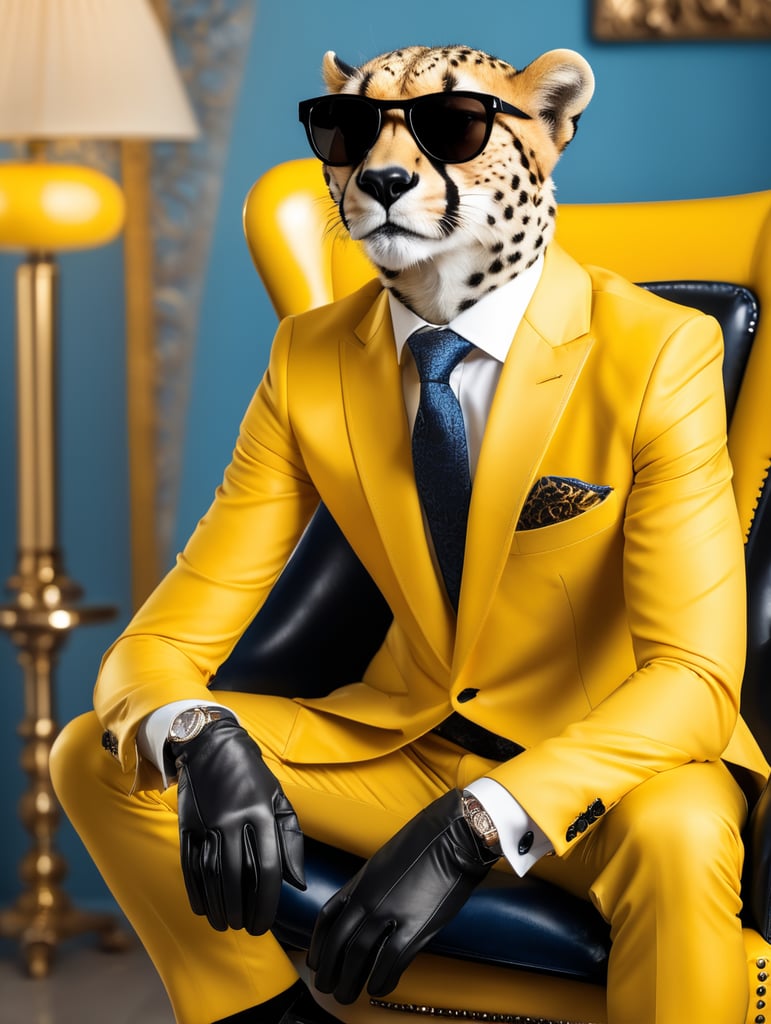 a sleek looking cheetah, sitting on a tufted blue velvet chair, bright yellow background, wearing an expensive suit, with very large dark sunglasses, hands in lap, full body with black shiny shoes, black leather gloves, black leather shoes, facing front, super crisp, photographic canon 80d, daylight, bold, fantastic