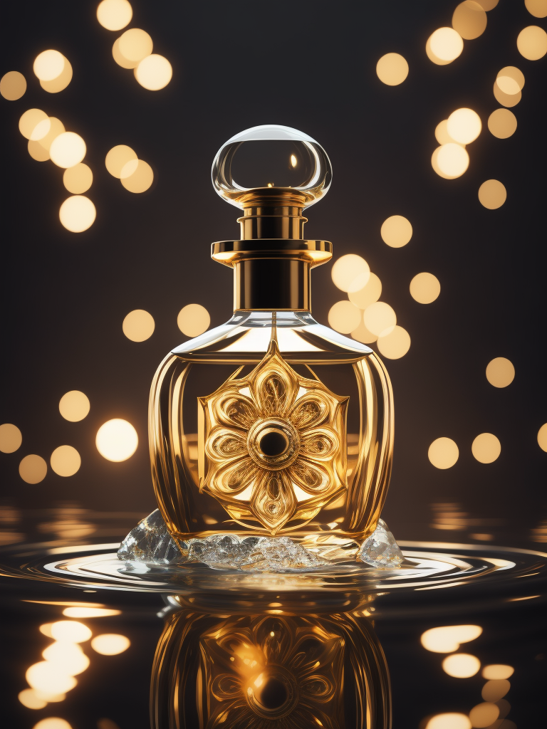 A delicate and noble glass perfume bottle was placed in the middle of the water，The sunlight asperses full, on the water flutters falls ，the petalhas ，the dewthe crystal ，clear feelingthe warm color tone,Headshot Center，the composition，Hyper，realistic style，realistic，photography，high detailhigh quality，high resolution，8k