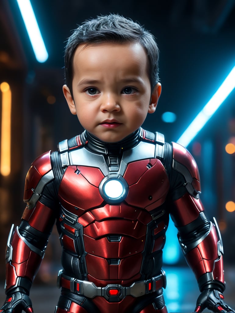 baby version of ant man marvel with black hair full body ,no mask, without mask, full face,neon light photorealistic, masterpiece,full body photography, Ultra realistic, epic details, photorealistic, Cinematic, Ultra HD, Professional photography