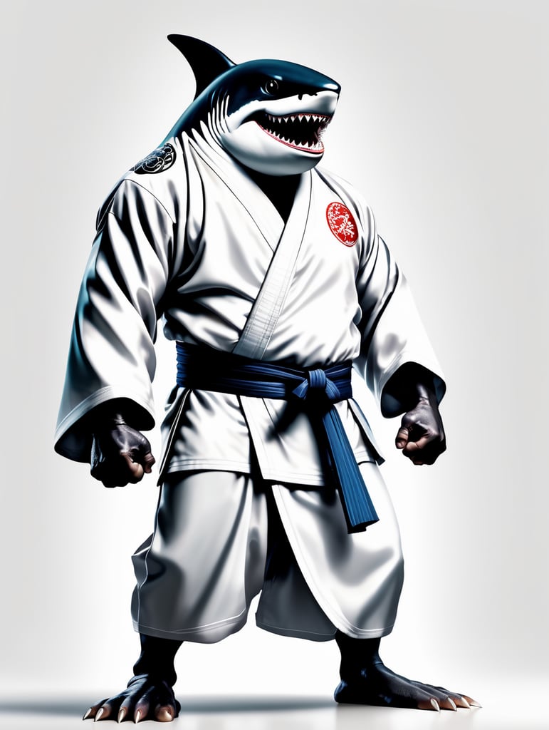 To humanoidalny rekin, ubrany w jedwabiste kimono judo, stojący w walecznej pozycji z groźną miną na białym tle