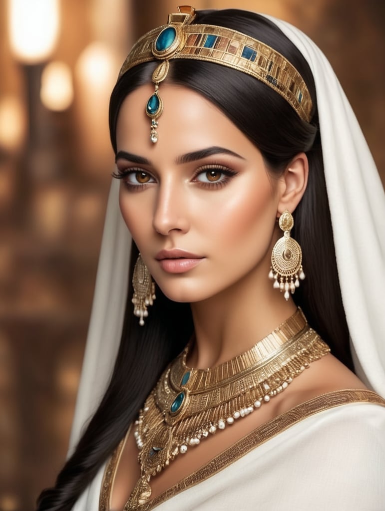 beautiful ancient egypt queen, dark hair, head accessories, brown eyes, white cloth, smooth hair