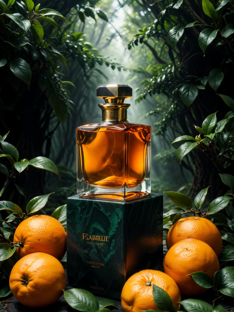 professional photography of a luxury perfume, orange fruits around, orange forest, green satin scarf, no label, clear, mockup
