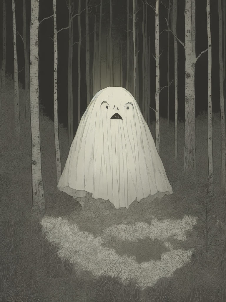 Funny ghost on the background of the forest, John Kenn Mortensen style, incredibly detailed,
