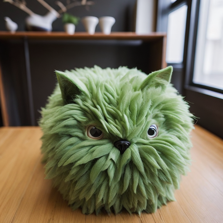 a fluffy furry cubic cat made out of leafs