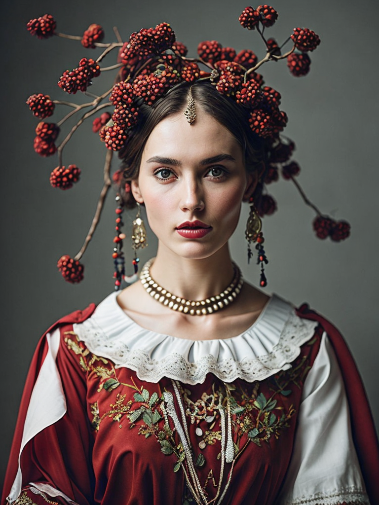 Portrait of a Beautiful women from Russian fairytale wearing traditional costume around bunches of rowan