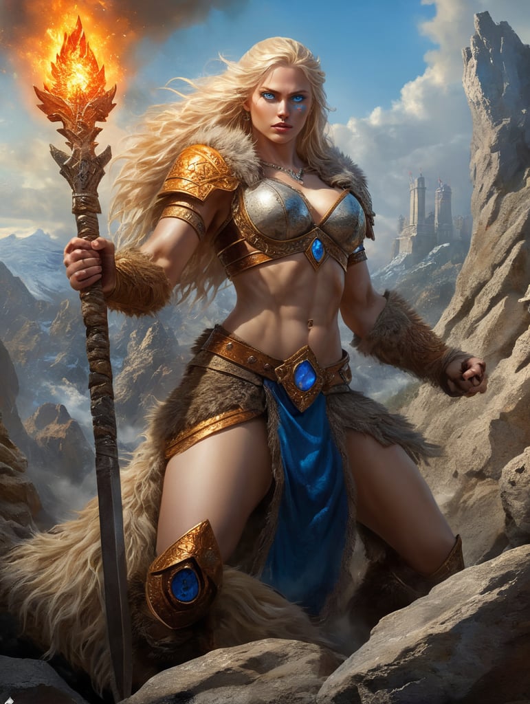 perro feroz con ojos color fuego de aspecto corpulento pelaje de fuego garras enormes sobre una roca defendendo a una hermosa princesa rubia ojos azules de cabello largo cuerpo atlético empuñando una espada dorada