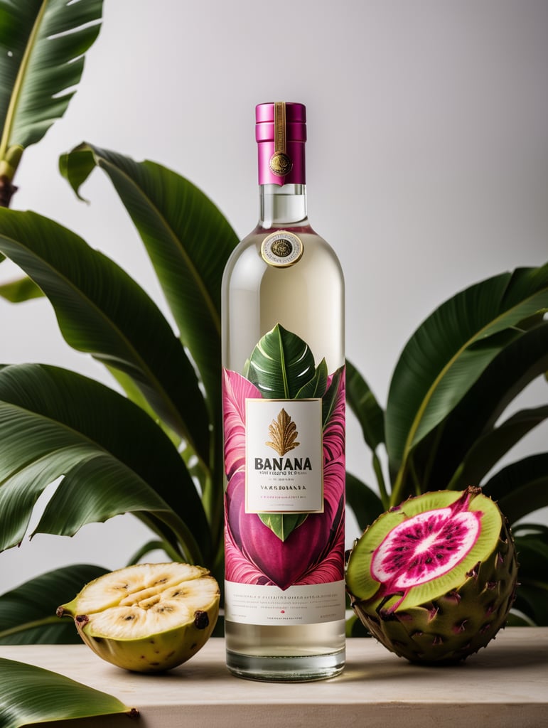 Packaging and branding for a banana vodka brand as if it had been designed by HI ESTUDIO with In a set design with banana, dragon fruit and dry banana leaves.