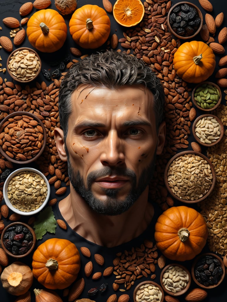 anatomy of a male, made of ingredients, nuts, raisins, almonds, dates, pumpkin seeds, isolated, black background