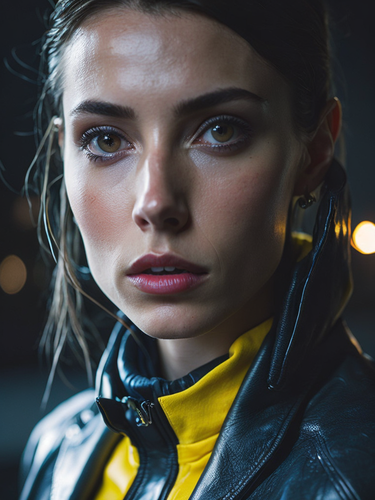 cinematic shot, a women looks on the camera, wearing yellow leather jacket, yellow lighting right side reflecting on her face, weak blue lighting left side reflecting on her face, canon 50 lens, focus on the face everything else is in blur, the blade runner scene.