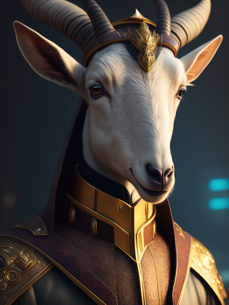 Portrait of a goat's head wearing a catholic pope's dress, cinematic lighting, cyberpunk, octane render, color grading, shot on 35 mm lense, depth of field, dof, tilt blur, shutter speed, white balance, super resolution, hdr, megapixel, pro photo rgb, halfrear lighting, backlight, natural lighting, incandescent, optical fiber, moody lighting, global illumination, path tracing, studio lighting, soft lighting, -ray tracing --diffraction grading --chromatic aberration --gb displacement --ambient occlusion --txaa --post processing -- cell shading --tone mapping --cgi --vfx--insanely detailed and intricate