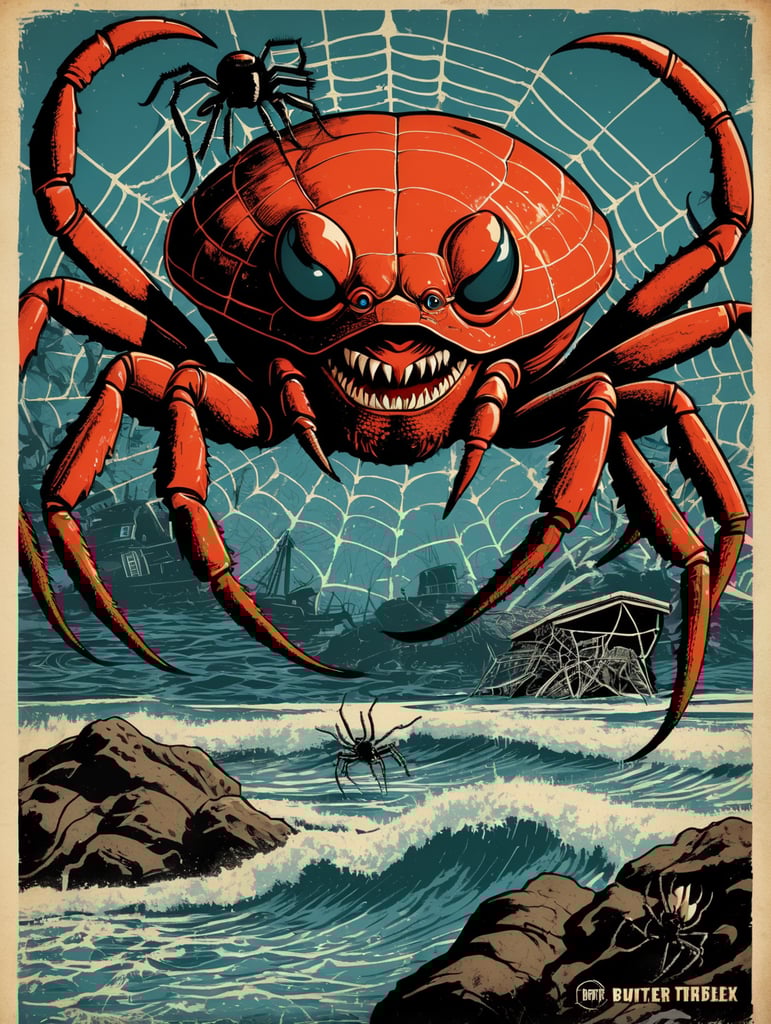1950's b-movie horror halloween t-shirt print design featuring a giant crab and black widow spider, spider webs, ocean, spider eggs,style by Butcher Billy