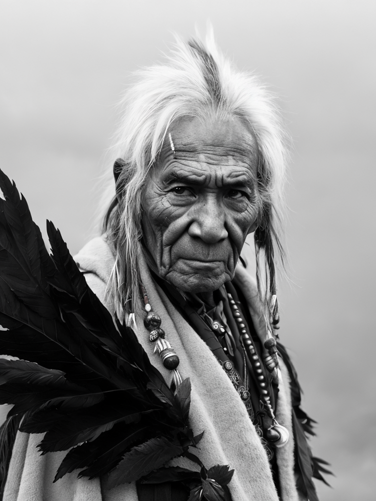 Canada's First Nations people, rare historical photo, black and white photography, a old man, traditional costume, redskin, native Americans