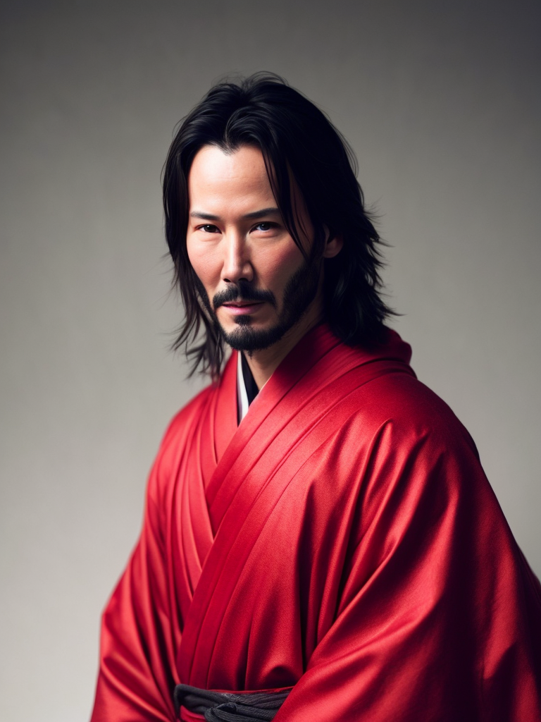 Portrait of Keanu Reeves as a samurai in a red kimono, serious look, detailed background in an oriental style, bright saturated colors