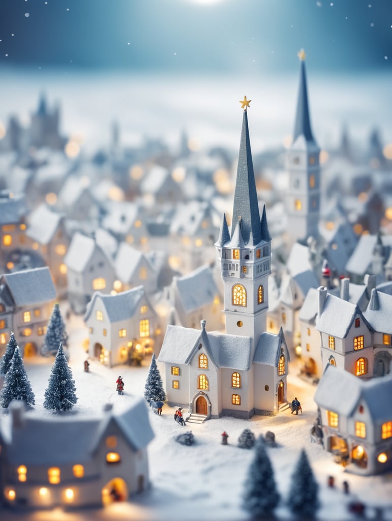 tilt shift photography of a Christmas medieval fantasy miniature city, depth of view, sunny, at night, snowy weather