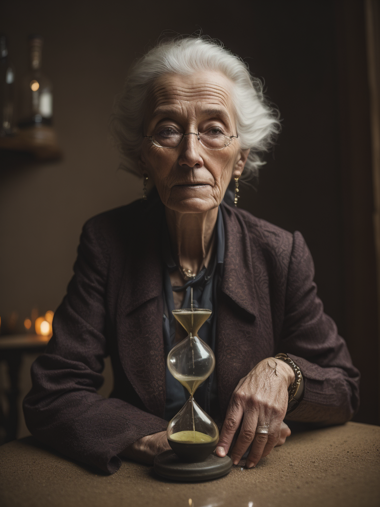 "The old lady sits at the table, with an hourglass standing in front of her. The sand inexorably moves, dwindling, while old age deepens, and a sense of hopelessness prevails."