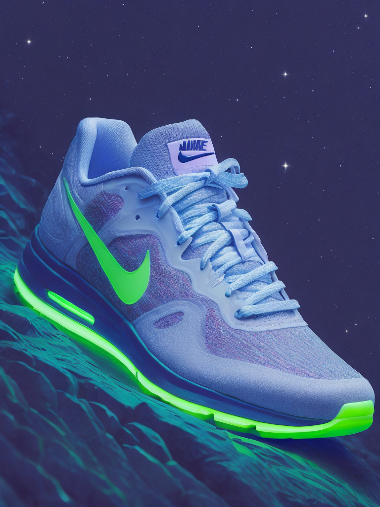 Illustration of a nike sports shoe in neon lights on a rock at night with moon light, bright and saturated colors, highly detailed, sharp focus, fashion magazine style