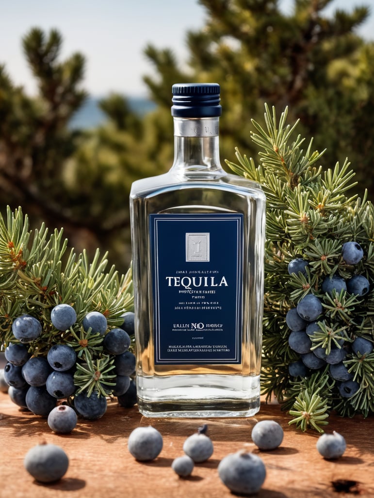 professional photography of a square gin bottle, square bottle, surrounding a juniper and juniper berries, one shot of tequila, salt, no label, clear, mockup