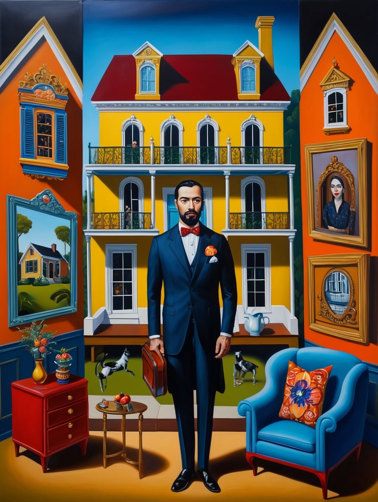 The man who took a debt for a house to death, mortgage, style of Catherine Nolin, Painting, Acrylic, Oil, Portrait, Interior, USA