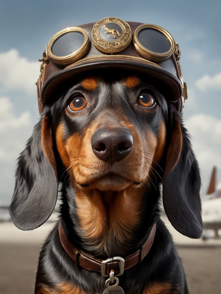 create an image of an old long hair Dachshund dog. The dog is black and brown with a face that has gone grey from age. His ears are brown and the top of his head is brown. his body is black. Portrait style. He is wearing a captians aviation hat.