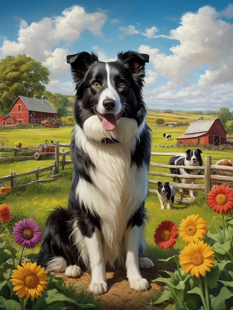 "Imagine a striking image of a Border Collie set against the backdrop of a vibrant, picturesque farm. The Border Collie should be portrayed with its signature intelligence and energy, exuding a lively and friendly demeanor. The farm should be bursting with vivid, lively colors—green pastures, colorful flowers, and a bright blue sky. The collie should stand in the foreground, with the farm's colorful elements providing a cheerful and lively atmosphere. This image should capture the essence of a lively and happy Border Collie enjoying life on a beautiful, vibrant farm."
