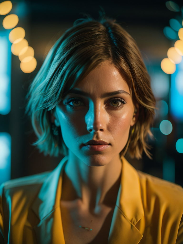 a women looks on the camera, yellow side lighting, focused gaze, canon 50 lens, focus on the face everything else is in blur, the blade runner scene.