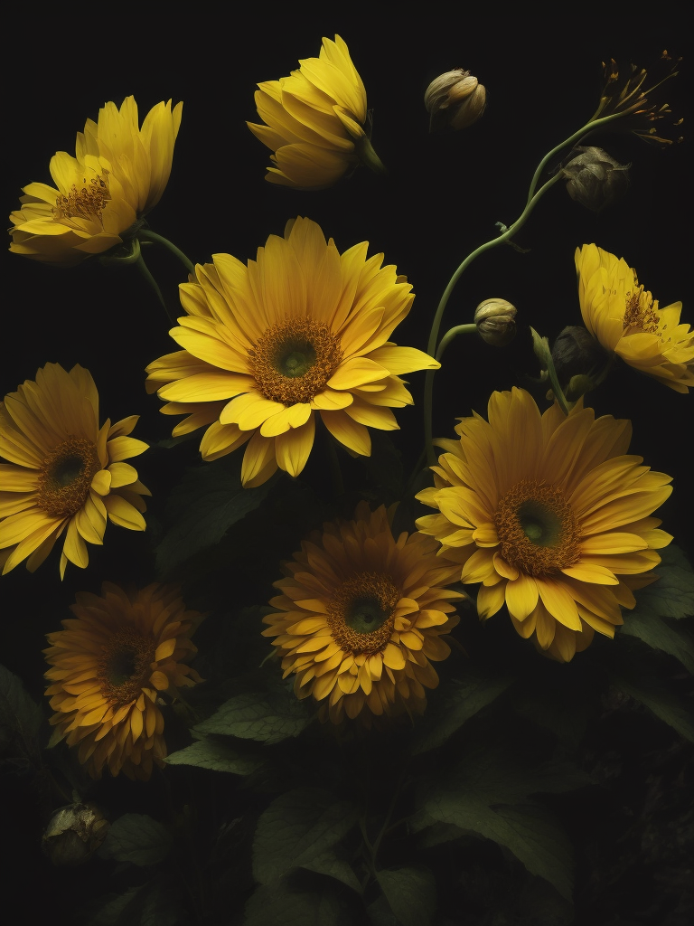 yellow flowers, dark atmosphere, deep colors, clear details