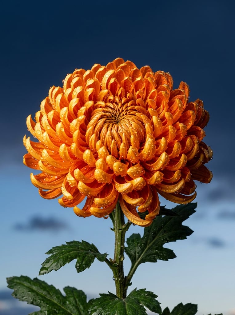 Vibrant orange chrysanthemum covered in glistening water droplets, captured in a hyper-realistic macro shot. Dense, curved glossy petals radiate from a tightly curled center atop a textured green stem with dark leaves. Crisp directional lighting contrasts the vivid bloom against a dramatic navy-to-pale-blue gradient sky.