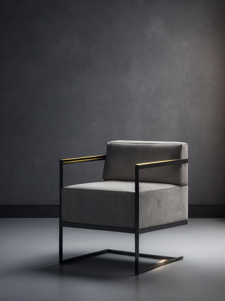 a chair made from concrete, modern design, flat shape, cube, grey background, modern art, everythink dark grey