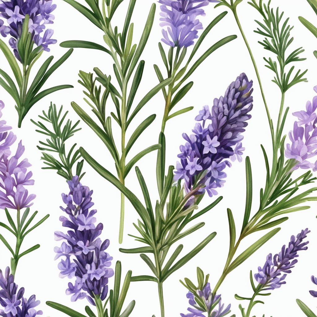 Generate a design featuring the delicate pairing of rosemary and lavender with intertwined floral elements, creating a harmonious and aromatic composition, , on full White background, Elegant, Botanical, Bright, Blooming, Decorative, Colorful, Gorgeous, Attractive, Delightful, professional artistic, masterpiece