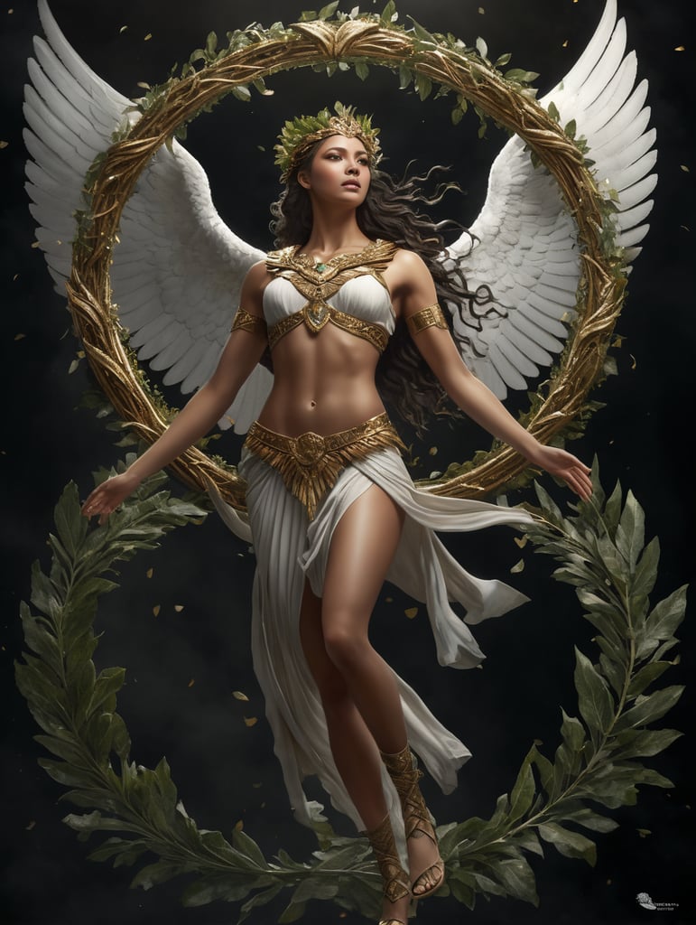 nike winged goddess, floating on air, lifting up a wreath of laurel leaves with her right arm, in picture full body and wings, dark background, light front, ancient greek hairstyle, detailed